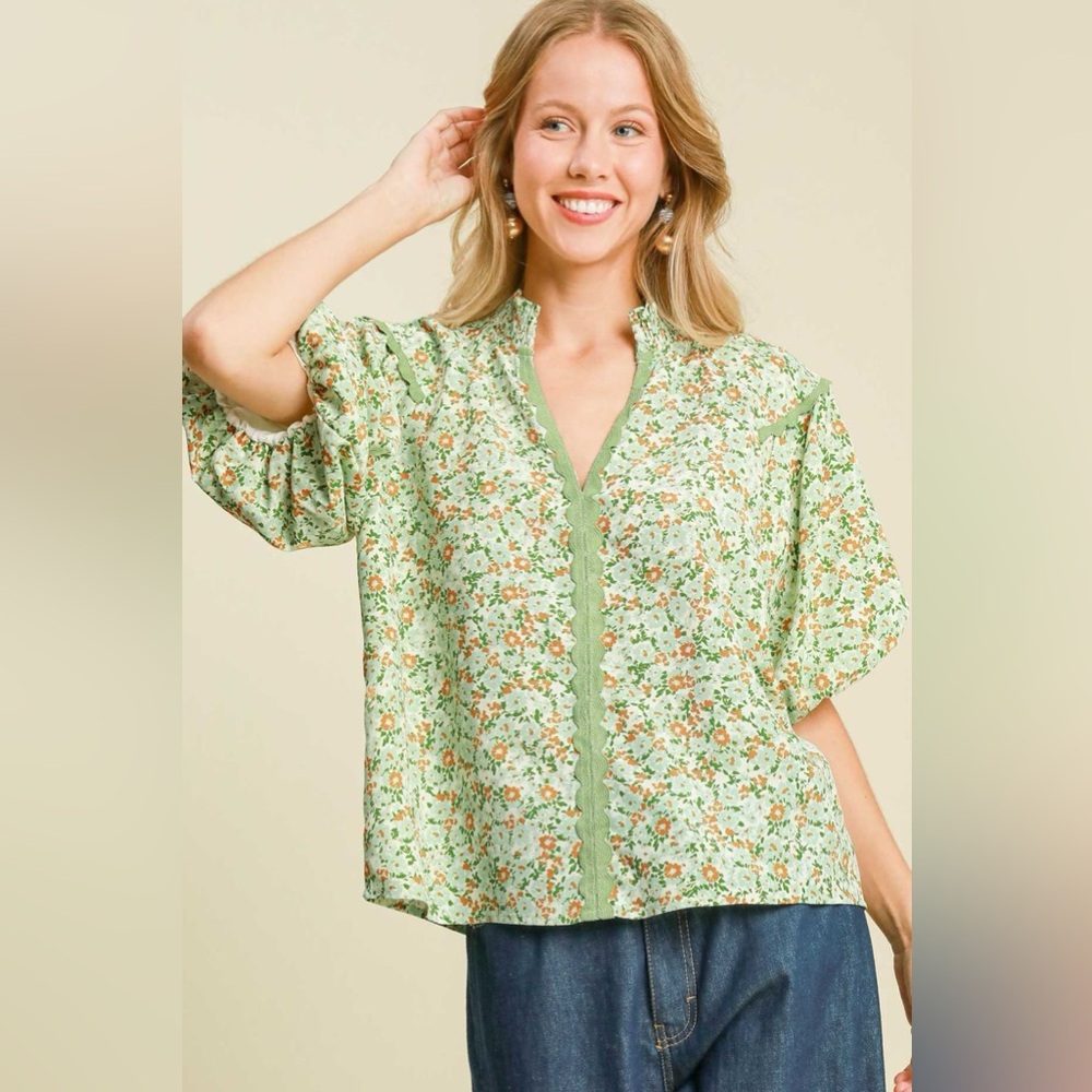 Umgee Full Size Floral Print Puff Sleeve Top Plus Size